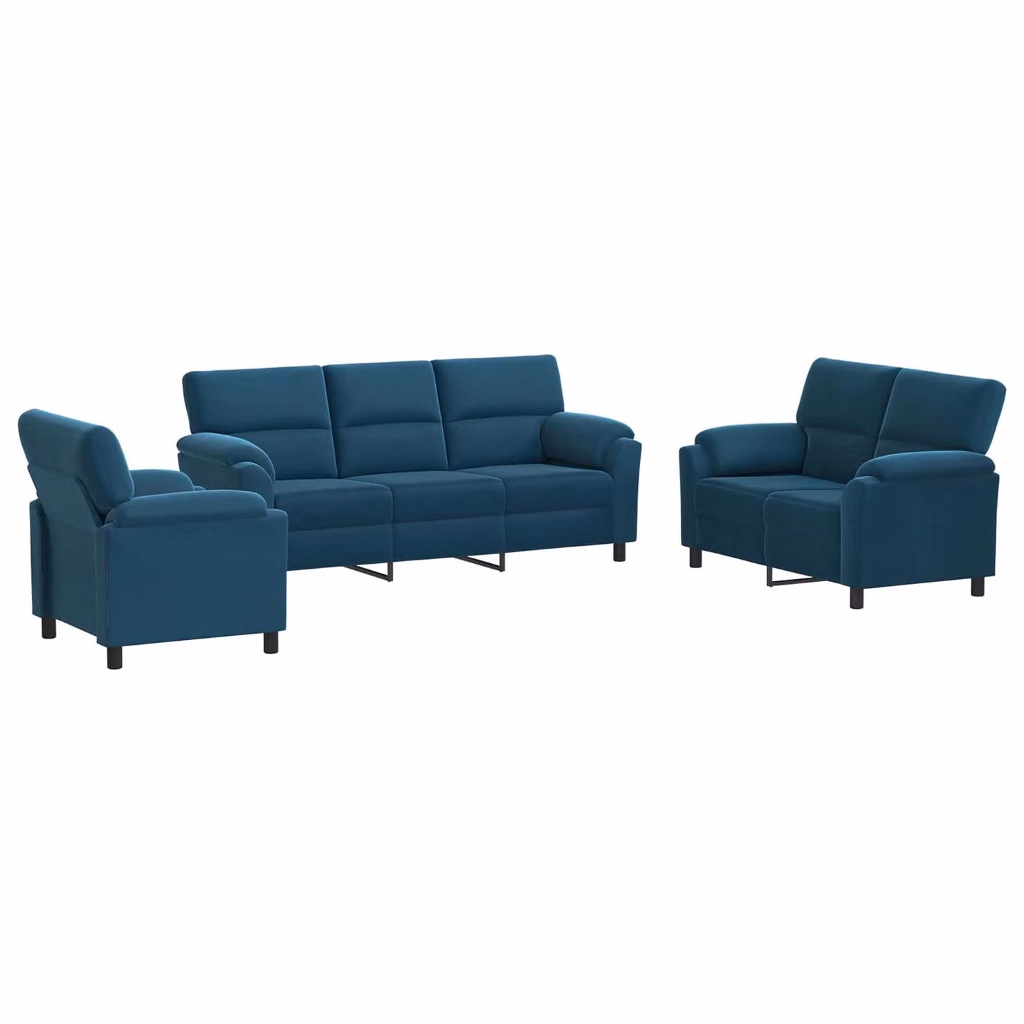 Set di 3 divani moderni vidaXL in velluto blu con struttura in metallo e cuscini inclusi