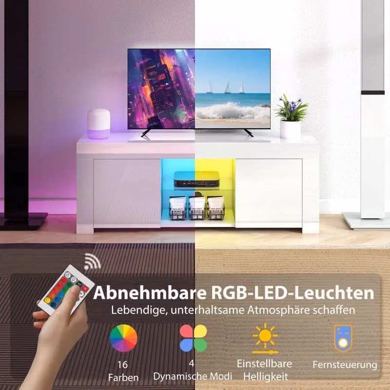 Mobile TV REDOM moderno bianco con ripiano in vetro e illuminazione integrata L/P/H: 120 x 34 x 45 cm – 2