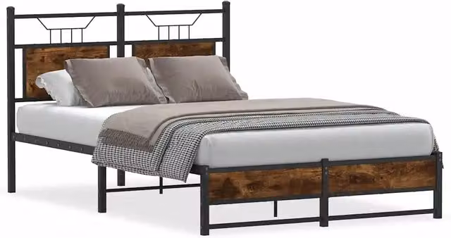 Letto matrimoniale per adulti in stile industrial con struttura in metallo e legno, colore marrone, L/P/H: 120 x 200 x 91.5 cm