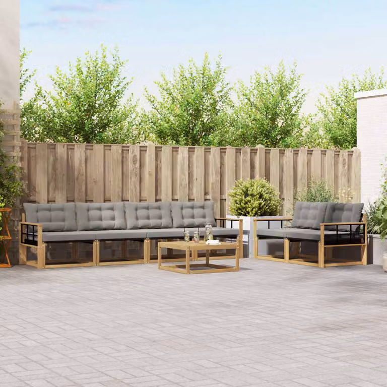 Set di divani da esterno vidaXL 7 pz in legno di acacia con tavolino e cuscini, Bianco e Grigio