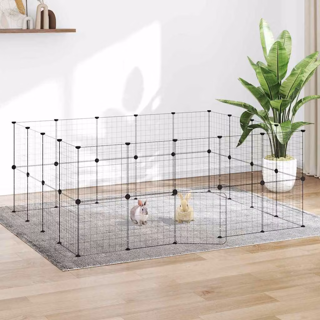 Gabbia per animali vidaXL in acciaio con 36 pannelli e porta, colore nero, L 140 x P 70 x H 175 cm