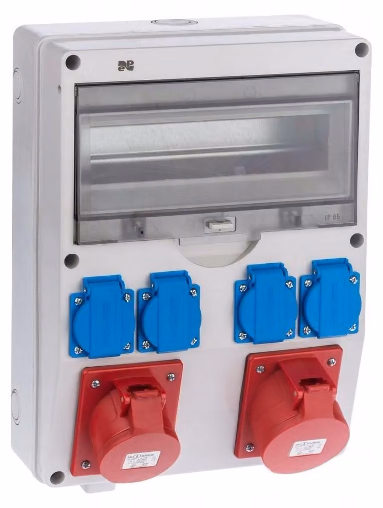 Distributore elettrico da cantiere IP44 RS-13, 13 moduli: 4 prese Schuko da 16 A, 1 presa CEE da 32 A a 5 poli, a vista