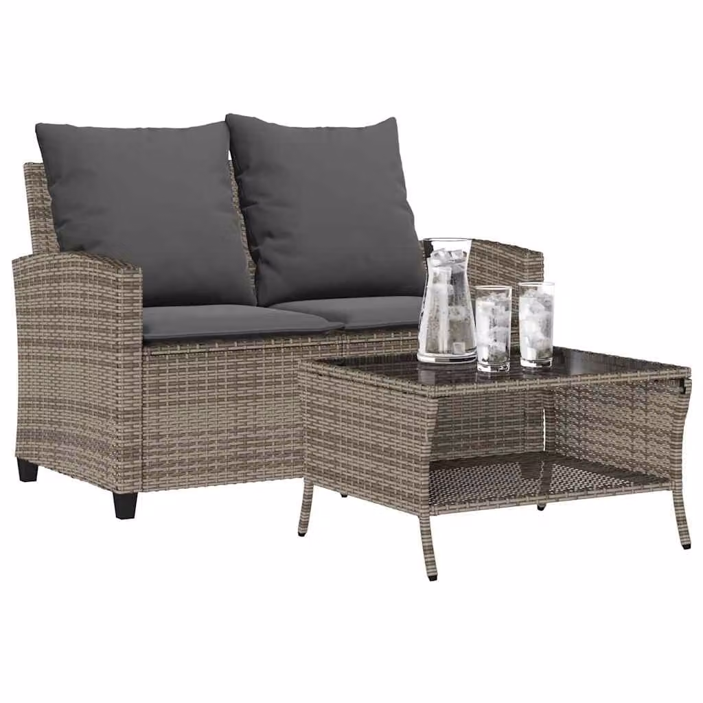 Set da giardino vidaXL composto da divano a 2 posti con cuscini e tavolino da caffè in rattan grigio con struttura in metallo e piano in vetro