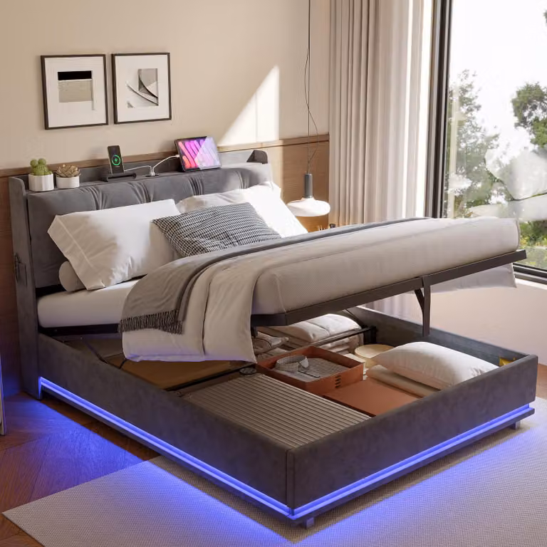 Letto imbottito 140x190 cm con contenitore, luci LED RGB, porta USB-C, sistema di sollevamento idraulico, testiera contenitore, rete a doghe, rivestito in velluto, letto matrimoniale grigio