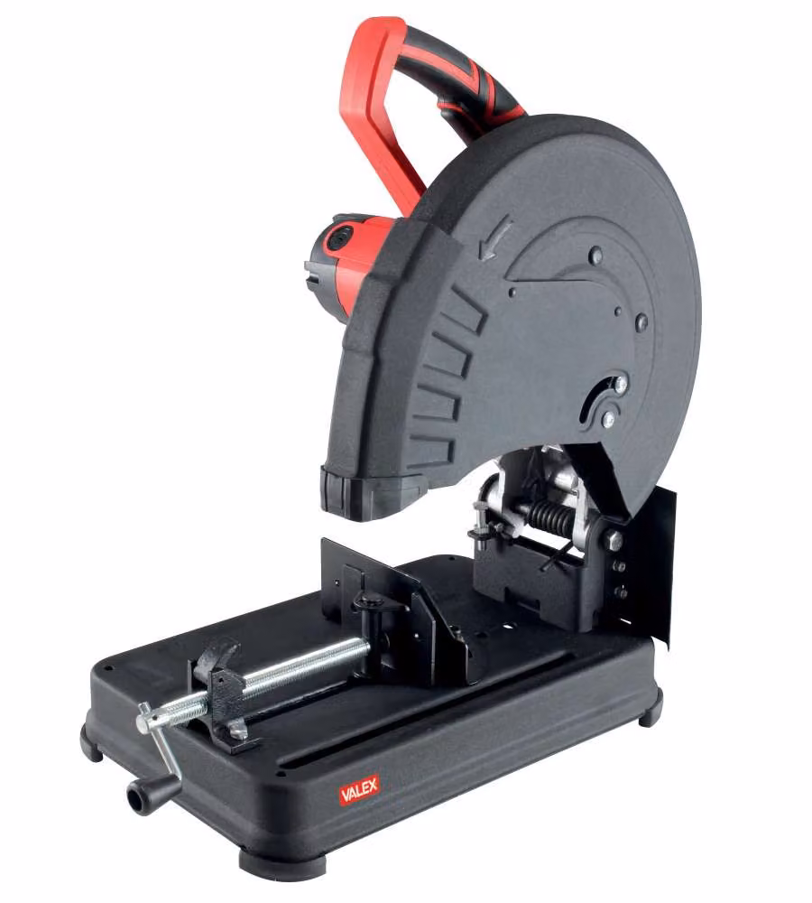 Troncatrice veloce per metallo Valex TM411 da 2100W, colore rosso, con disco Ø355mm e capacità di taglio Ø90mm
