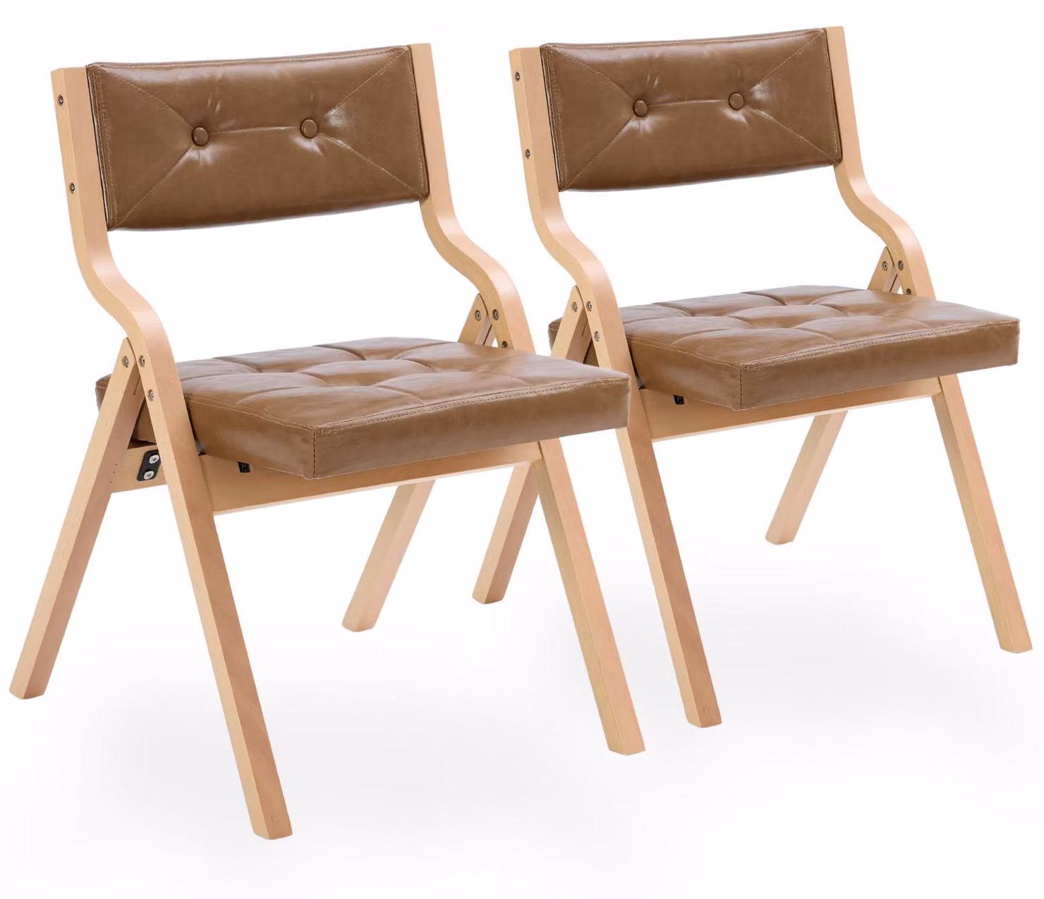 Set di 2 sedie da pranzo pieghevoli in ecopelle, con struttura in legno curvato, colore naturale/marrone chiaro