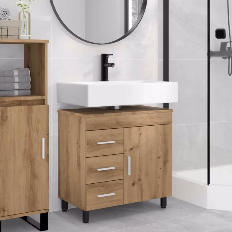Mobiletto da Bagno Moderno in Legno Rovere Marrone con Ante e Cassetti L/P/H: 60 x 35 x 60 cm