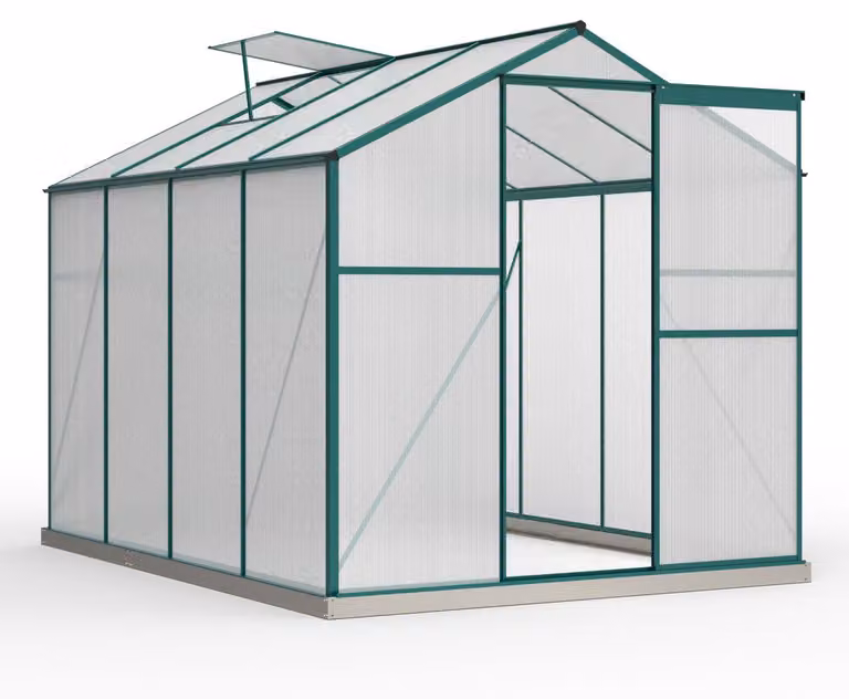 Serra in alluminio 190x253 cm con base, lucernario e porta scorrevole, ideale per piante