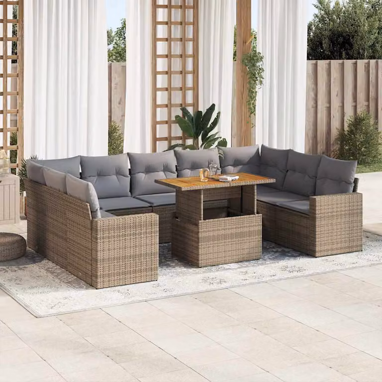 Set Divano da Giardino vidaXL 10 Pezzi con Cuscini Beige e Tavolino da Caffè in Polyrattan e Legno di Acacia