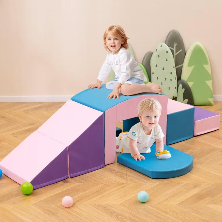 Set di 6 blocchi in schiuma per arrampicata e strisciare con tunnel Costway, gioco morbido per bambini Blu e multicolore