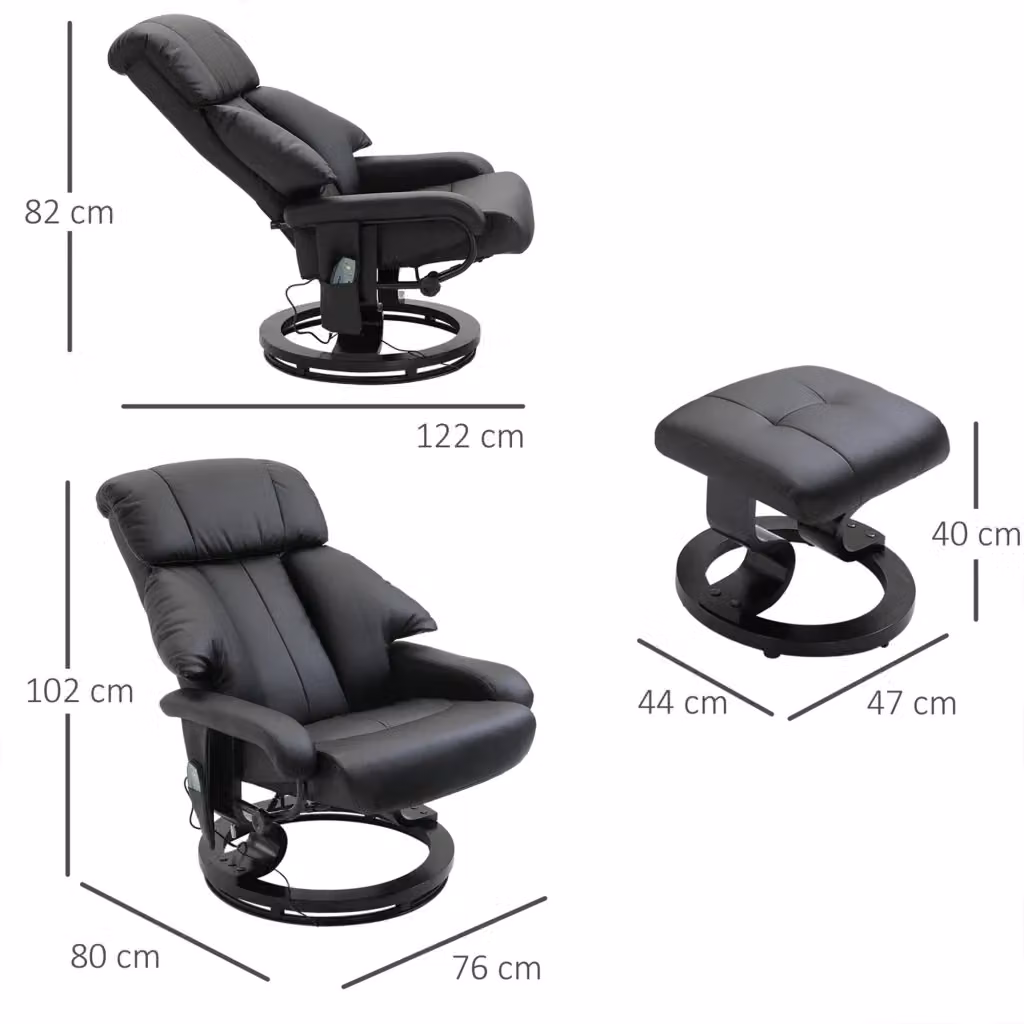 Poltrona relax girevole WISHDOR con massaggio, schienale reclinabile e poggiapiedi, rivestimento in similpelle nera – 2