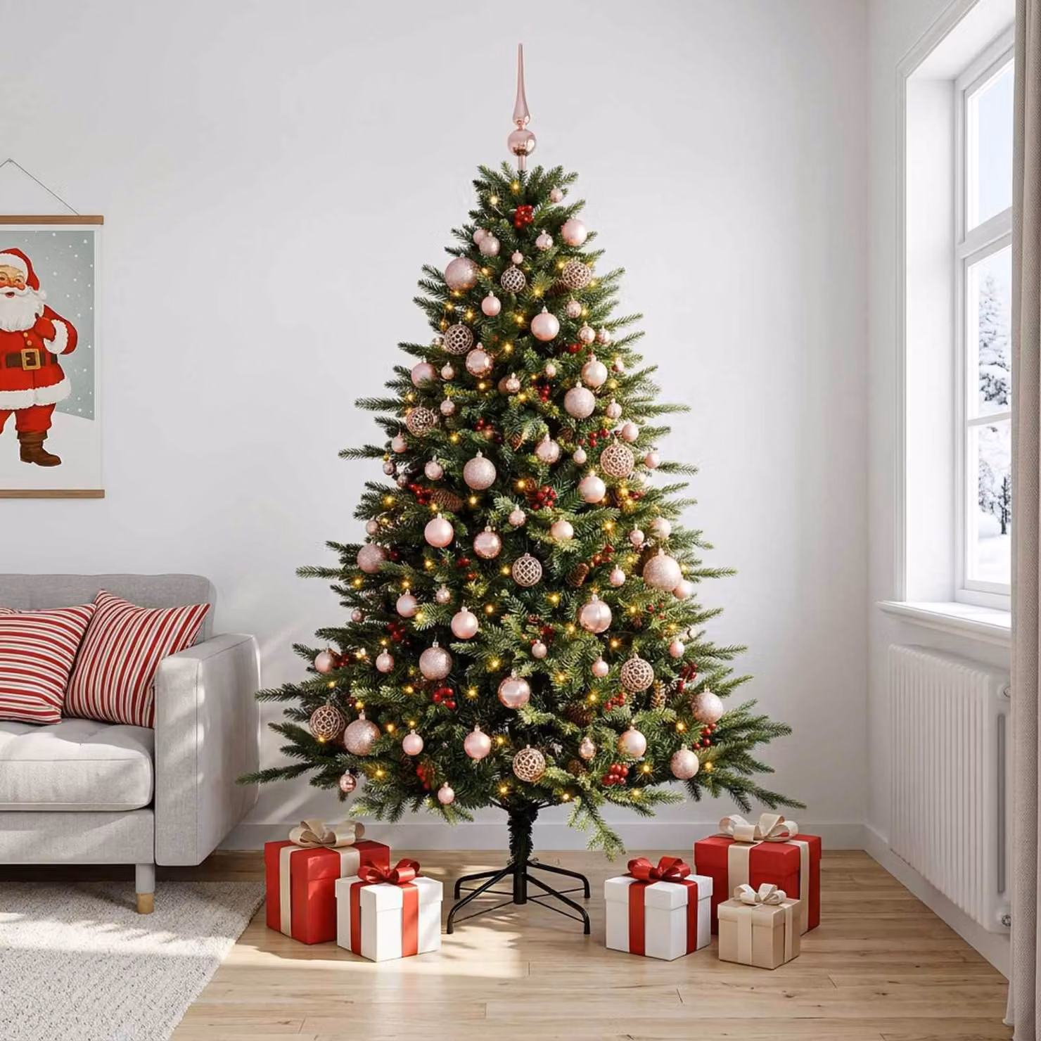 Albero di Natale artificiale con decorazioni a forma di sfera natalizia, altezza 180 cm, con 300 luci a LED