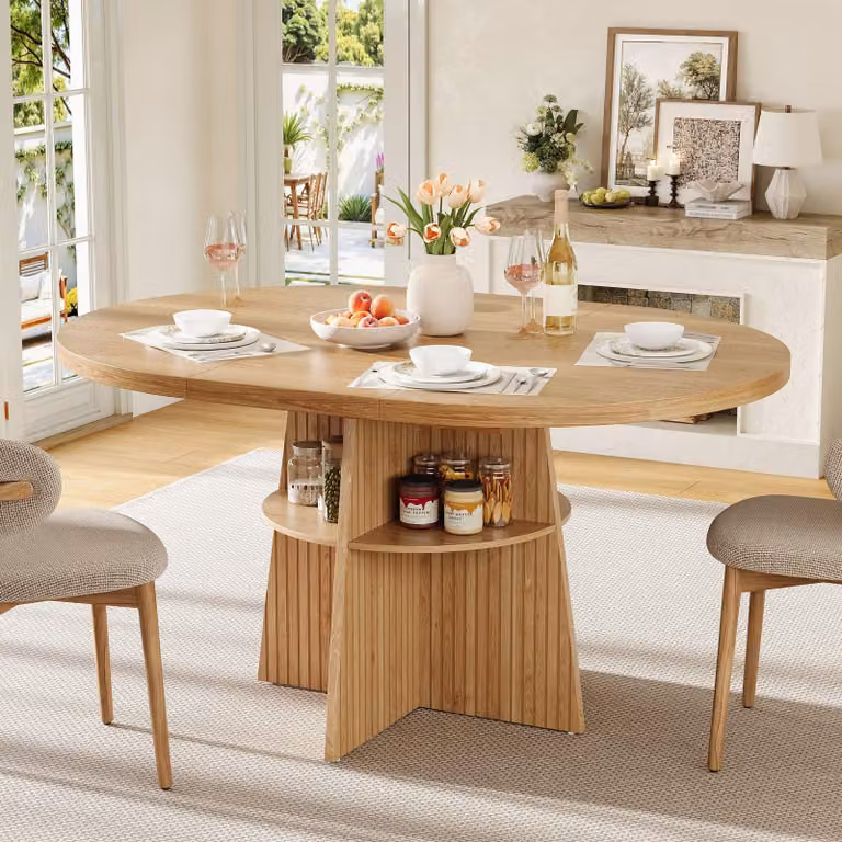 Tavolo da pranzo estendibile rotondo Merax, dimensioni 110-150 × 110 × 77,5 cm, per 2-8 persone, con ripiano, tavolo da cucina, tavolo da pranzo, aspetto legno, colore naturale