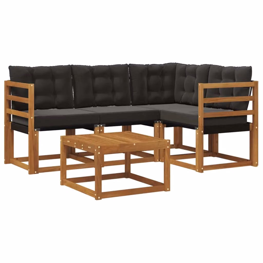 Set di divani da esterno vidaXL a forma di L con tavolo da caffè, composto da 5 pezzi in legno di acacia e tessuto textilene, colore marrone e nero – 2