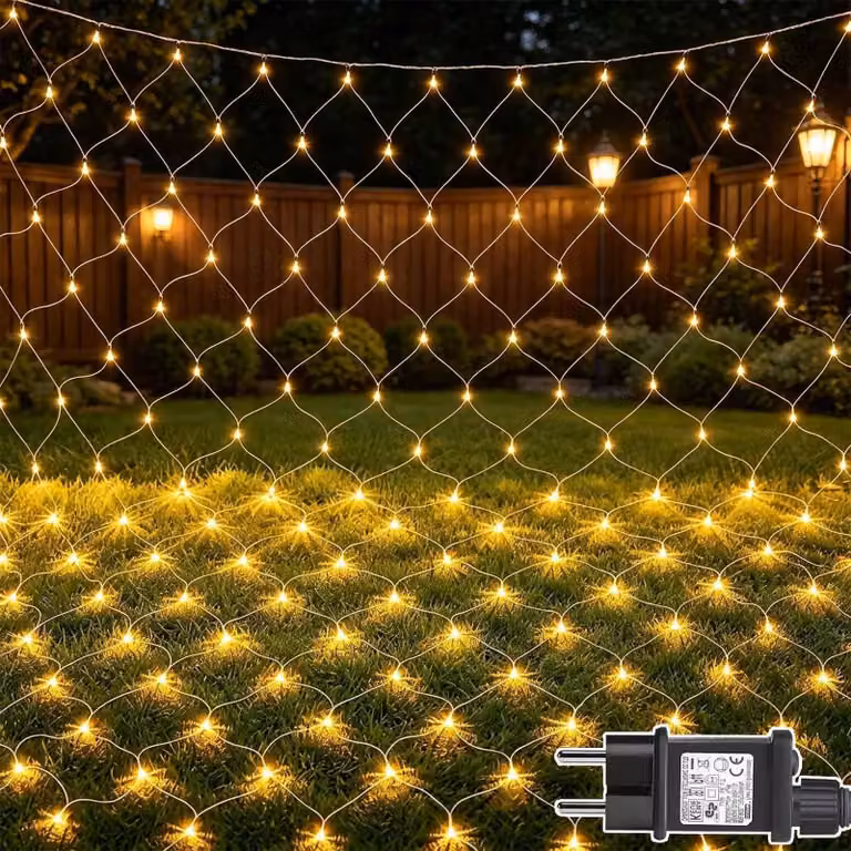 Set di 2 tende luminose, dimensioni 3x2 metri, 200 LED, luce bianco caldo, timer, 8 modalità
