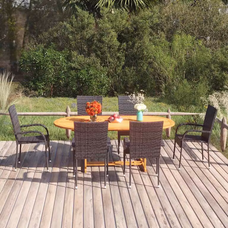 Set da giardino vidaXL composto da 7 pezzi in polyrattan e legno di acacia nero e marrone