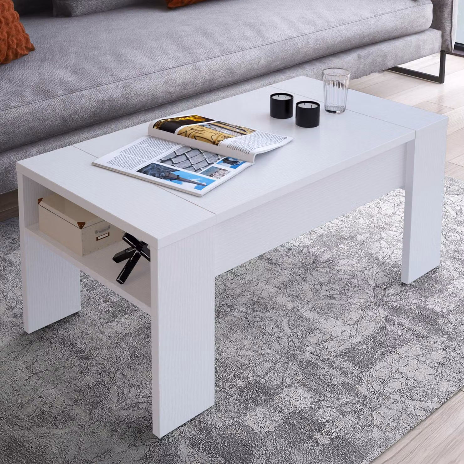 Dmora Tavolino da Salotto Corallo 98x50x43h cm Bianco, un Vano Piano Sollevabile