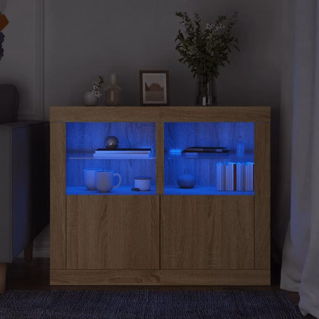 Set di 2 armadietti a parete vidaXL in legno Rovere Sonoma con luci LED integrate e ante in vetro, L/P/H: 67 x 41 x 37 cm