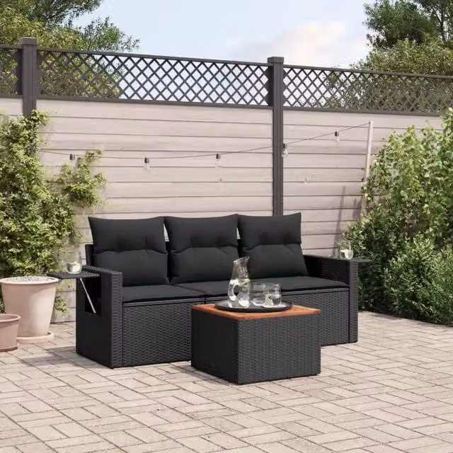 Salotto da Giardino-Set Divani da Giardino 4 pz con Cuscini Nero in Polyrattan 669277