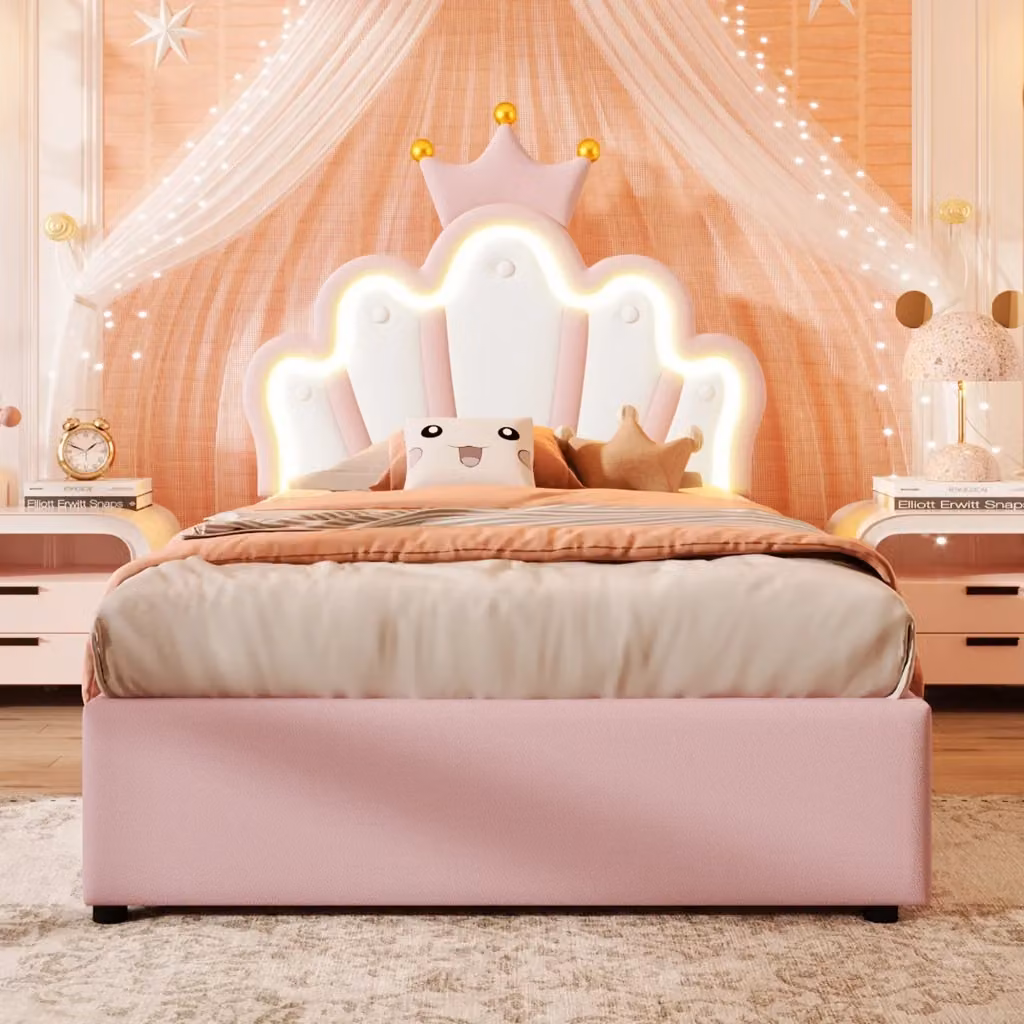 Letto singolo imbottito Chicfurn con contenitore e illuminazione LED, testiera regolabile e rivestimento in ecopelle rosa, L/P/H: 90 x 200 x 37 cm – 2