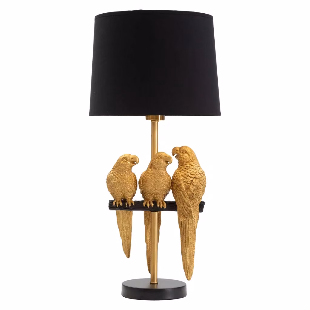 Lampada da Tavolo Decorativa con Pappagalli in Metallo e Tessuto, Oro e Nero – 2