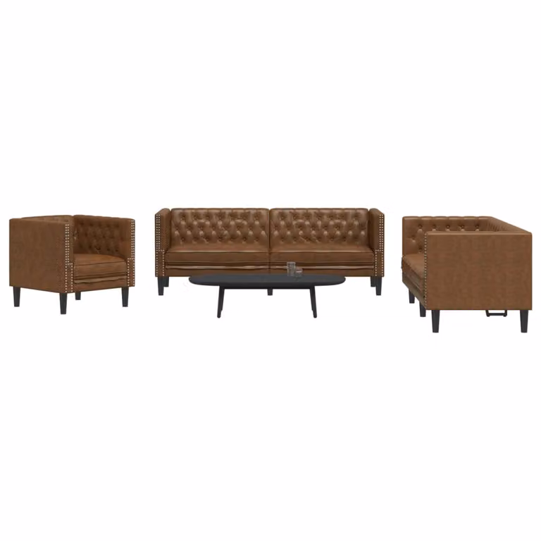 Set di Divani Chesterfield vidaXL 3 Pezzi Marrone in Similpelle Scamosciata con Divano a 3 Posti e Divano a 2 Posti