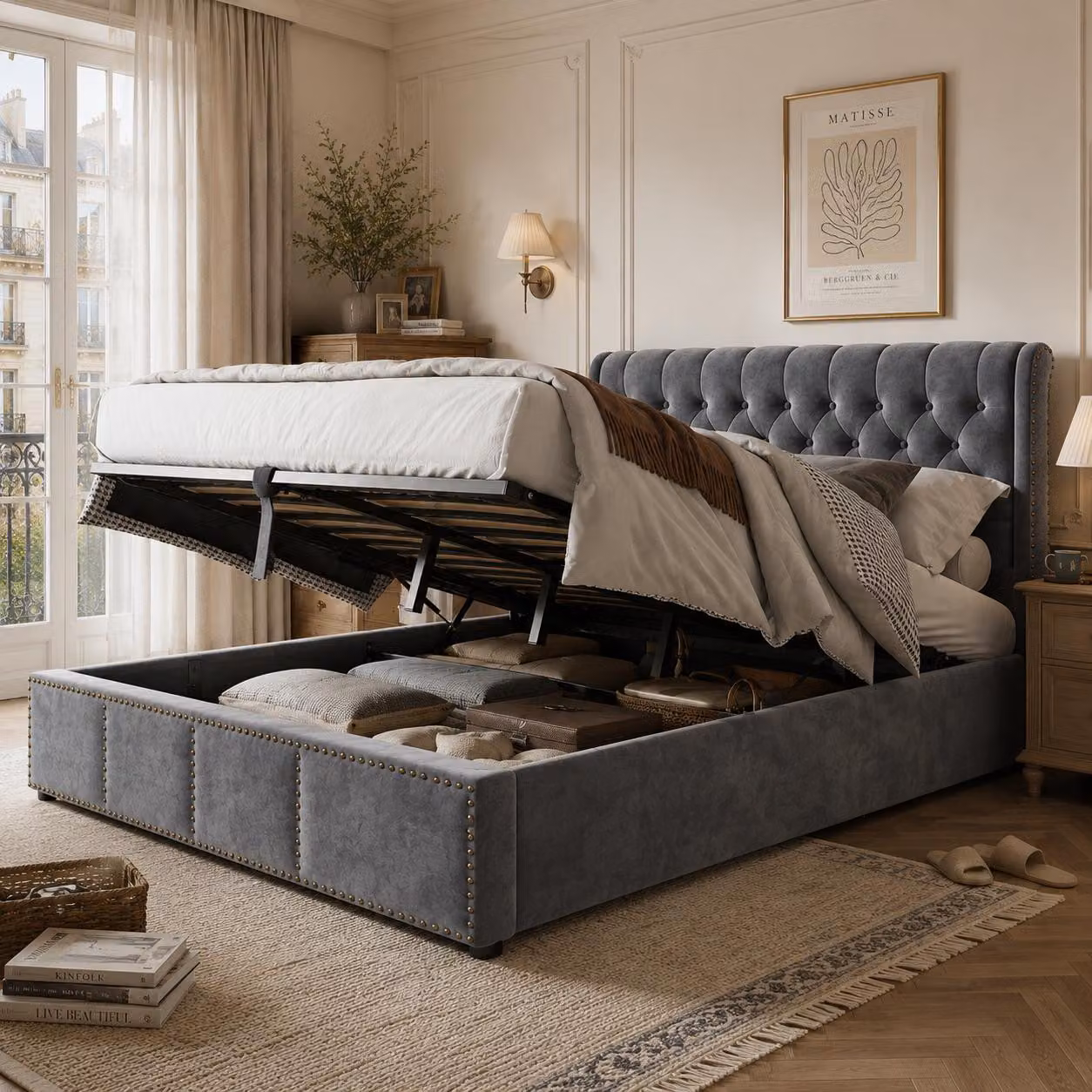 Letto imbottito 140 x 200 cm con rivestimento in velluto e contenitore a sollevamento idraulico, struttura del letto con dettagli in borchie all'estremità inferiore e testiera imbottita; letto contenitore color grigio