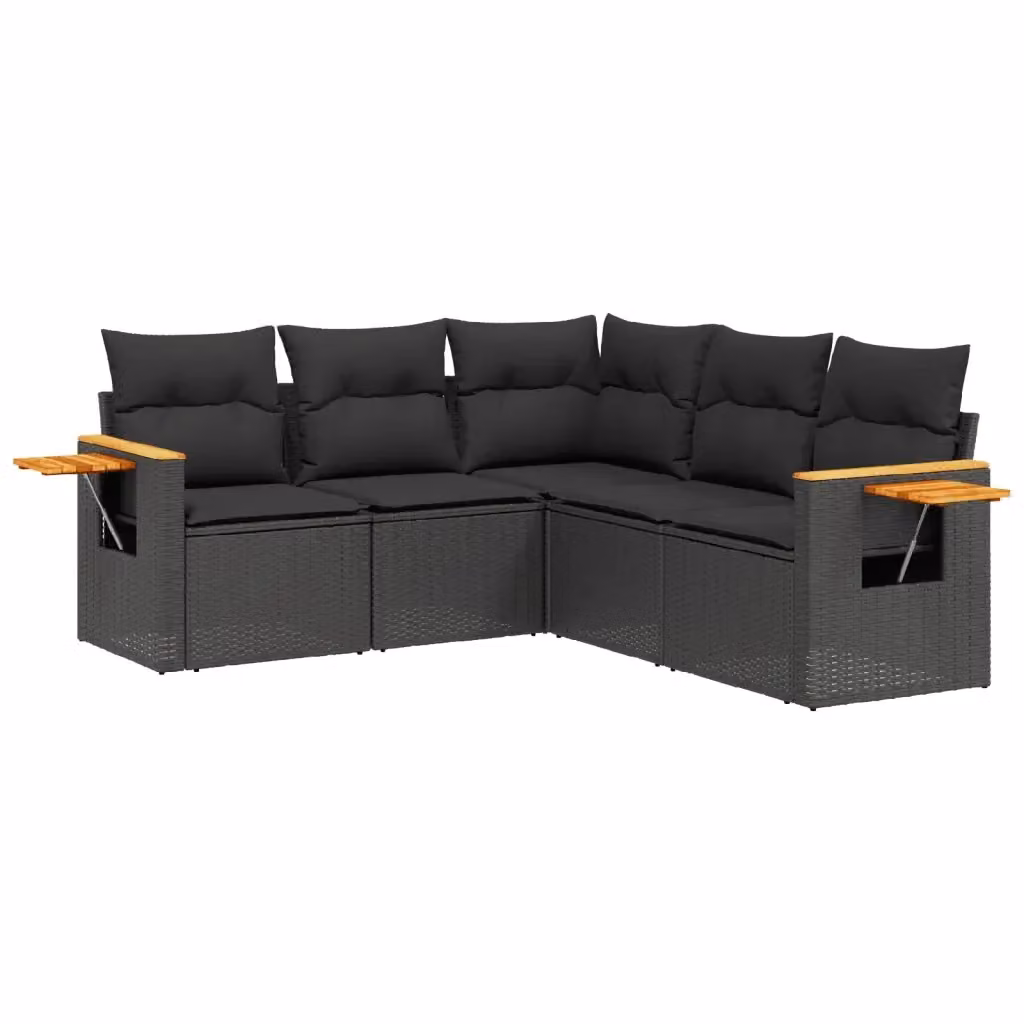 vidaXL Set Divani da Giardino 5 pz a Forma a L con Tavolino, Polyrattan e Legno di Acacia, Nero – 2
