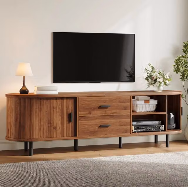 TV lowboard 150x40x55 cm con 2 cassetti e ante scorrevoli; noce; MDF e pannello truciolare
