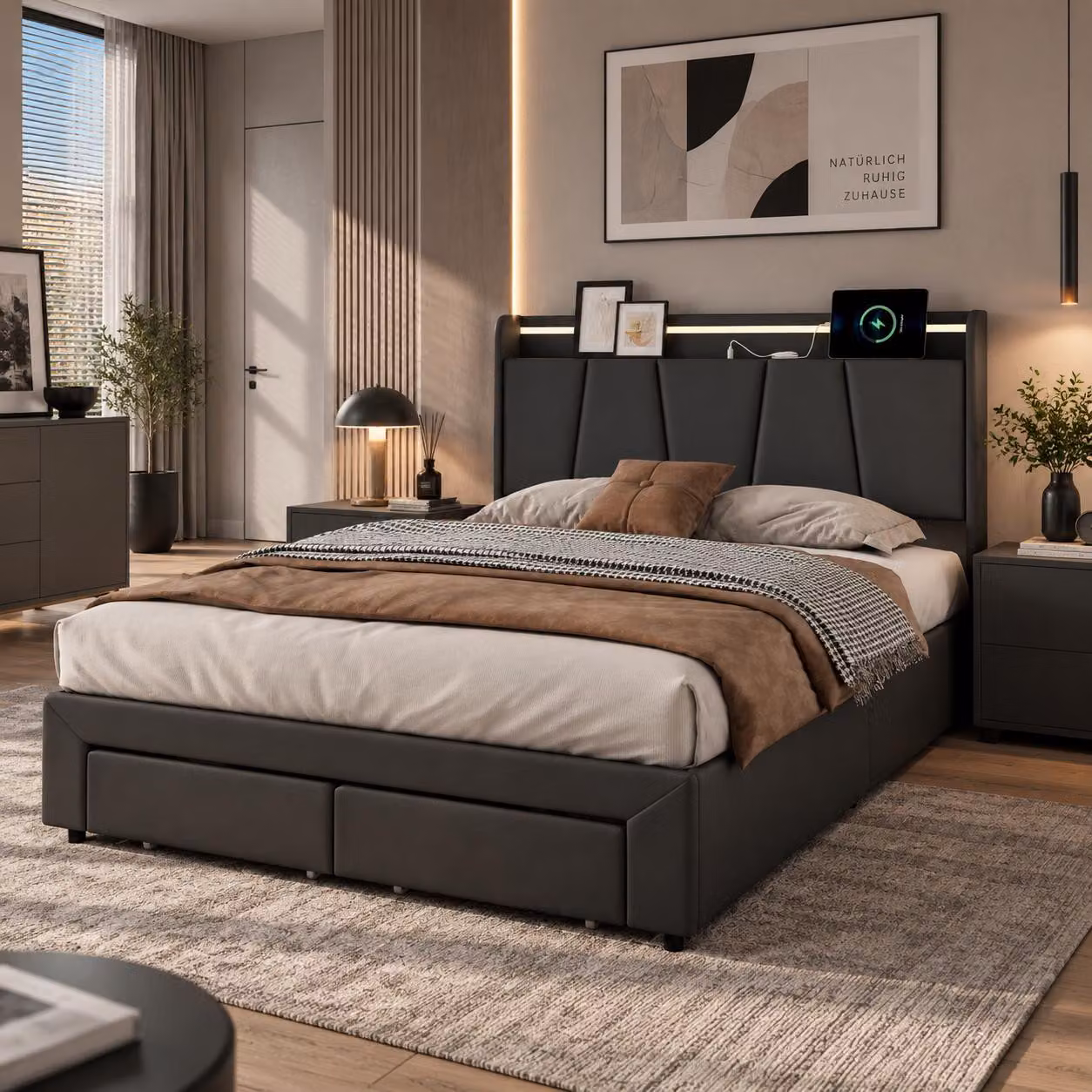 Letto imbottito idraulico INONEFT, 160x200 cm, con LED e USB, 2 cassetti, letto per ragazzi con testiera imbottita e spazio contenitivo, tessuto: lino, colore: grigio scuro