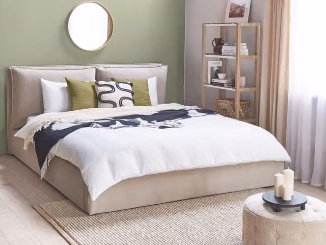 Letto matrimoniale moderno BELIANI in tessuto beige con vano contenitore a sollevamento L/P/H: 180 x 200 x 235 cm – 1