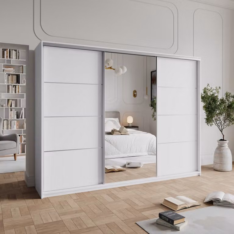 Masseno, armadio a porte scorrevoli VARO 270/205/60 cm, armadio con cassetti, armadio da camera da letto a 3 ante con specchio, bianco + satinato