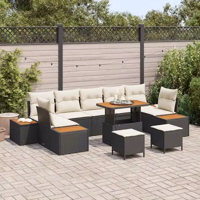 Set Divano da Giardino vidaXL a Forma di U con 9 Posti, Colore Nero, con Tavolino, Ottoman e Cuscini inclusi