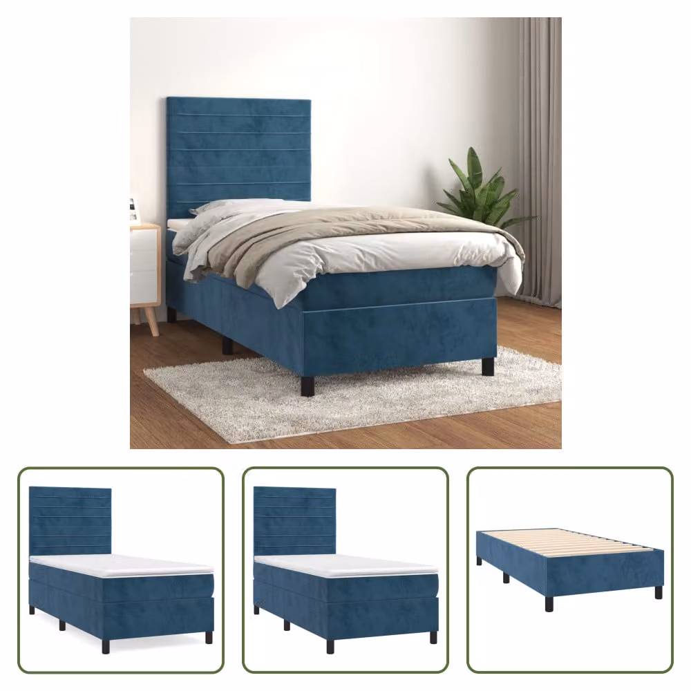 The Living Store Letto a molle con materasso blu scuro 90x200 cm in velluto