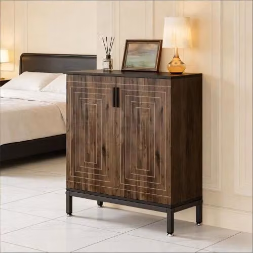 Scarpiera a libera installazione con 2 ante geometriche e 5 ripiani removibili in MDF e metallo 80 × 38 × 95 cm