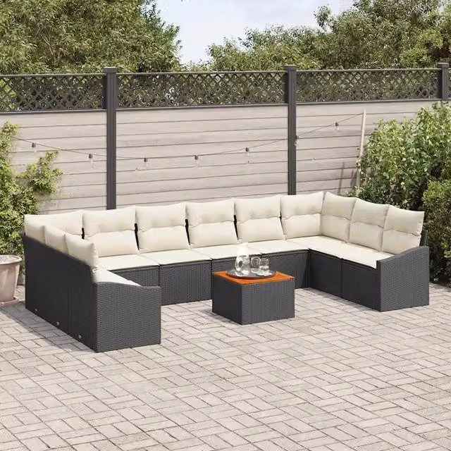 Set Divano da Giardino 11 pz Nero e Crema polyrattan 3356549
