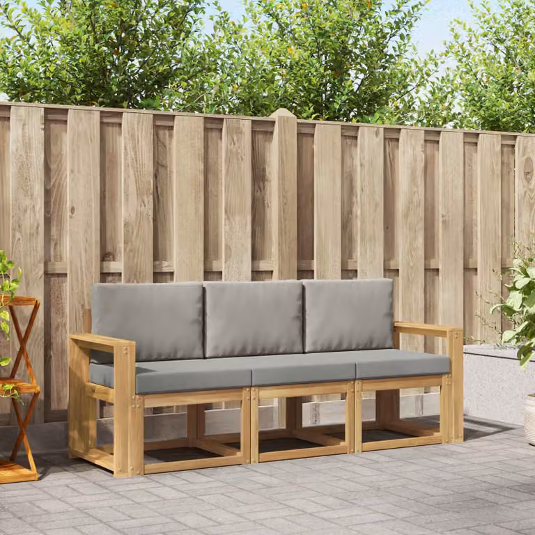 vidaXL Set di divani da esterno 3 pezzi in legno di acacia con cuscini bianchi e grigi