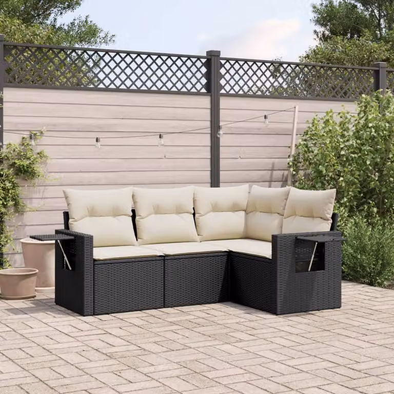 Set di divani da giardino vidaXL in polyrattan nero con cuscini e tavolino da esterno a forma di L