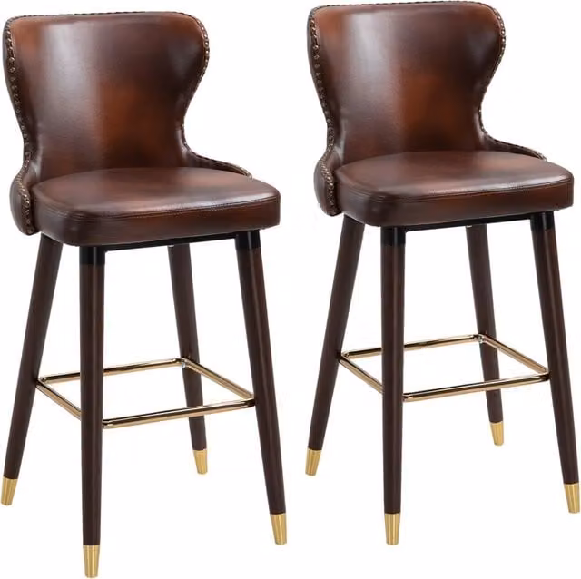 Set di 2 sgabelli da bar Chicfurn in stile retro con schienale basso e poggiapiedi, rivestimento in similpelle marrone e struttura in legno e metallo, H: 101 cm, L: 53 cm, P: 40 cm