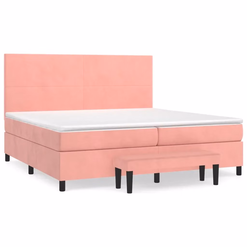 Letto matrimoniale moderno vidaXL con giroletto a molle e materasso ibrido in velluto rosa e bianco L: 200 cm, P: 200 cm, H: 128 cm – 2