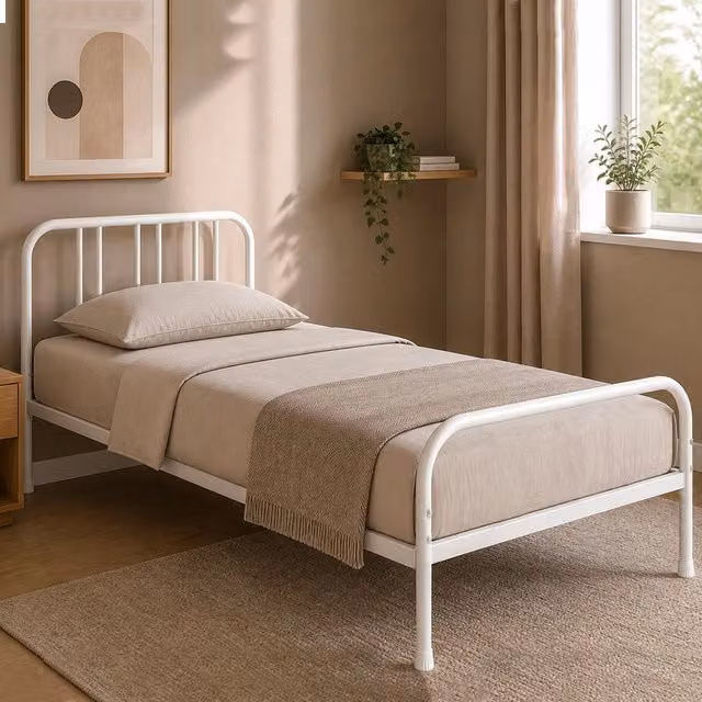 Letto singolo moderno in metallo bianco con struttura rigida e doghe fisse L/P/H: 198 x 90 x 61 cm