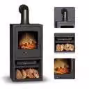 Adam Bergen XL Caminetto Elettrico 0,9/1,8 kW con Effetto Fiamma LED, Colore Antracite, Tubo Decorativo Inclinato e Vano Porta Legna