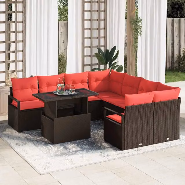 Set Divano da Giardino 9 pz Marrone Poly Rattan 3357537