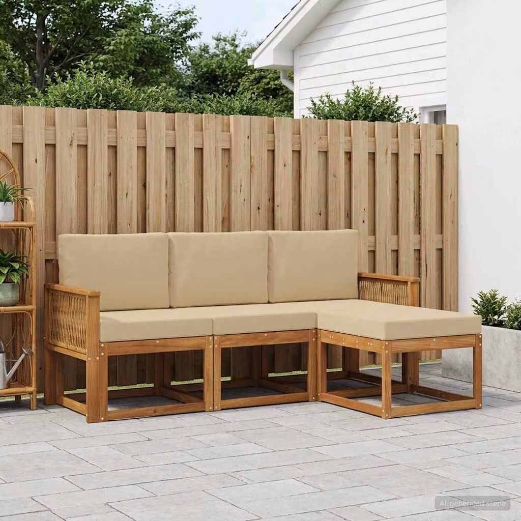 Set di divani da esterno vidaXL a forma di L in legno di acacia con pouf e cuscini, Beige e Marrone