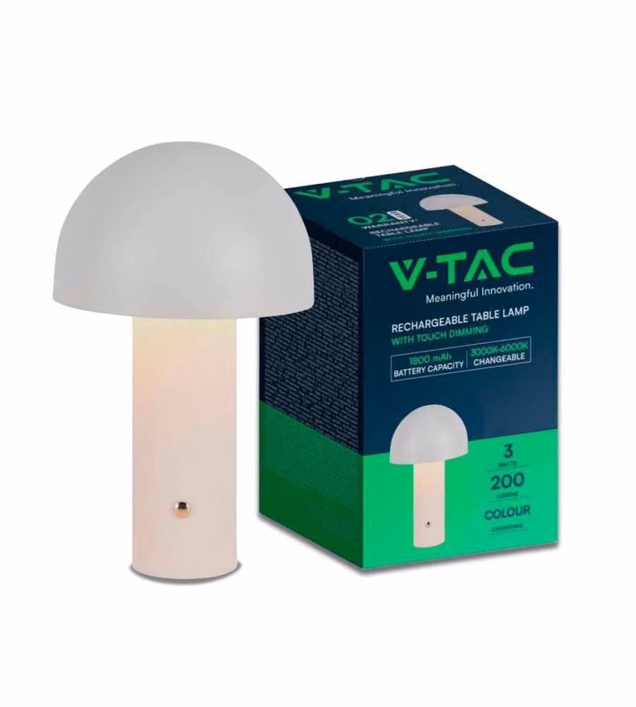 V-TAC Lampada LED da Tavolo 3W in Metallo Bianco con Batteria Ricaricabile 1800mAh USB-C, Dimmerabile Touch 3in1