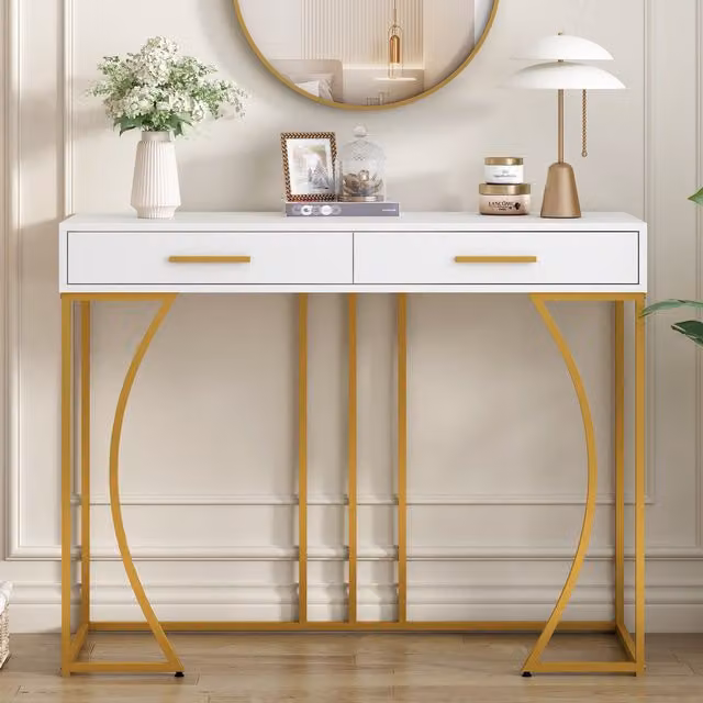 Consolle Aosom Italy in MDF Bianco con 2 Cassetti e Maniglie Dorate, L/P/H: 110 x 32 x 85 cm – 1