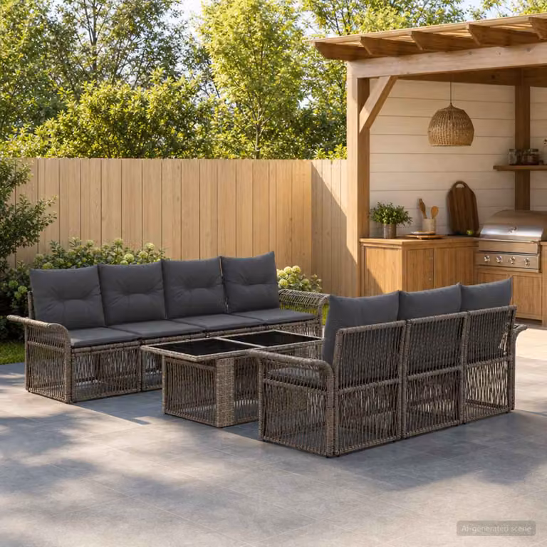 Set Divano da Giardino vidaXL 9 pz in Polyrattan Grigio e Antracite con Cuscini e Tavolino
