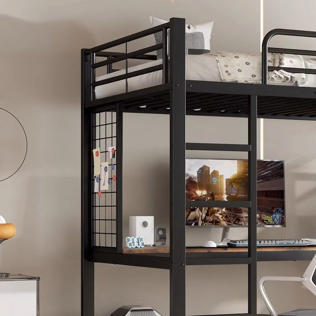 Letto a soppalco singolo WISHDOR con scrivania, scaffale e scala, L/P/H: 200 x 90 x 180 cm, in MDF e metallo, nero e noce scuro – 2