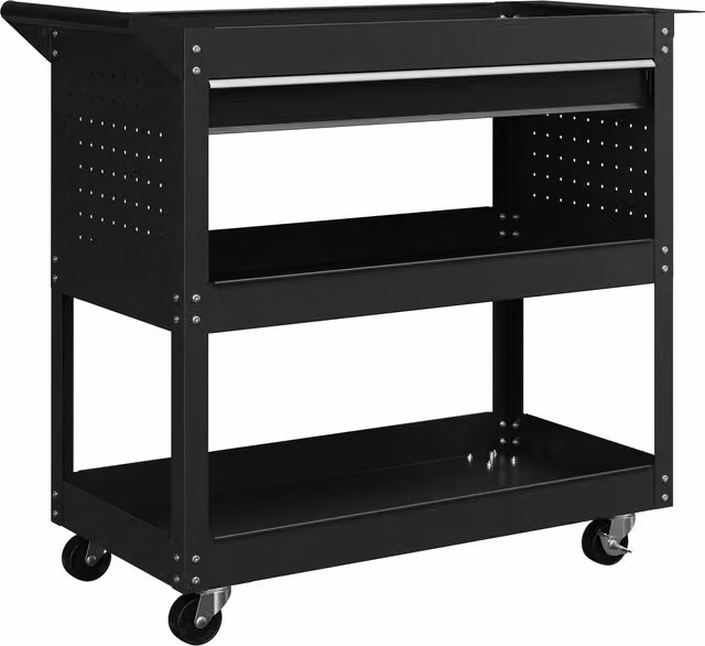 Carrello DURHAND a 3 livelli in acciaio con cassetto, porta utensili laterale e maniglia, Nero