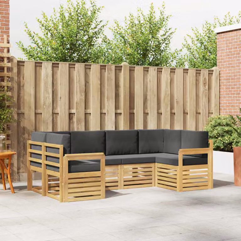 vidaXL Set di divani da esterno a L in legno di acacia con cuscini, Bianco, Antracite e Marrone